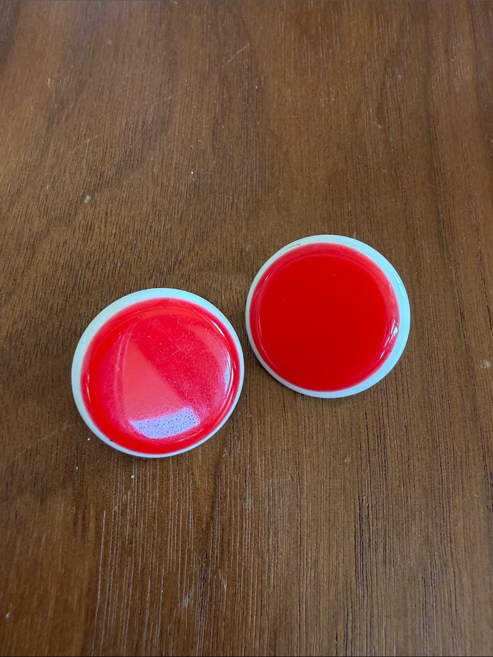 1980’s Red &  White Lucite Round Enamel Clip-Style Earrings